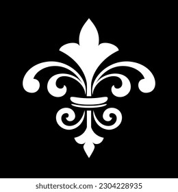 White royal lily on a black background. Heraldic sign, logo, design element, decoration. Graphic vector pattern.