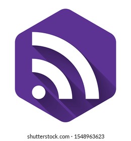 White RSS icon isolated with long shadow. Radio signal. RSS feed symbol. Purple hexagon button. Vector Illustration