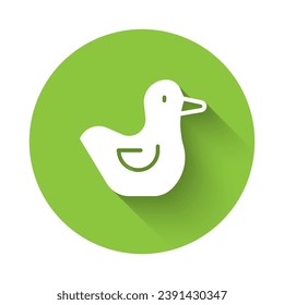 White Rubber duck icon isolated with long shadow. Green circle button. Vector