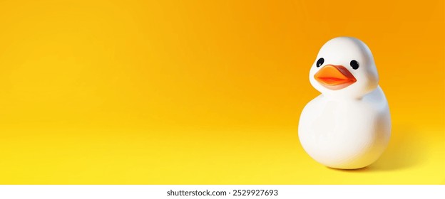 Pato de borracha branco sobre fundo amarelo. Ilustração realista de vetor de pato bonito com olhos e bico, brinquedo inflável para banho ou piscina, símbolo de higiene doméstica, mascote de pássaro no fundo em branco