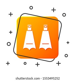 White Rubber flippers for swimming icon isolated on white background. Diving equipment. Extreme sport. Diving underwater equipment. Orange square button. Vector Illustration
