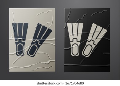 White Rubber flippers for swimming icon isolated on crumpled paper background. Diving equipment. Extreme sport. Sport equipment. Paper art style. Vector Illustration