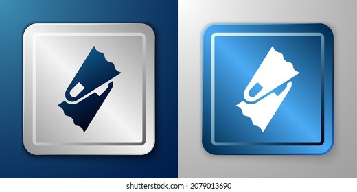 White Rubber flippers for swimming icon isolated on blue and grey background. Diving equipment. Extreme sport. Diving underwater equipment. Silver and blue square button. Vector