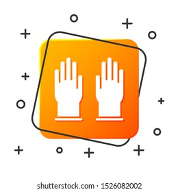 White Rubber gloves icon isolated on white background. Latex hand protection sign. Housework cleaning equipment symbol. Orange square button. Vector Illustration