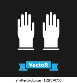 White Rubber gloves icon isolated on black background. Latex hand protection sign. Housework cleaning equipment symbol.  Vector Illustration