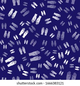 Icono de guantes de goma blanca aislado en un patrón transparente sobre fondo azul. Signo de protección de látex. Símbolo del equipo de limpieza de la casa. Ilustración vectorial