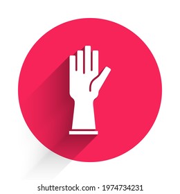 White Rubber gloves icon isolated with long shadow. Latex hand protection sign. Housework cleaning equipment symbol. Red circle button. Vector
