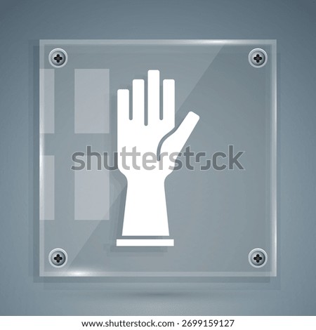 White Rubber gloves icon isolated on grey background. Latex hand protection sign. Housework cleaning equipment symbol. Square glass panels. Vector