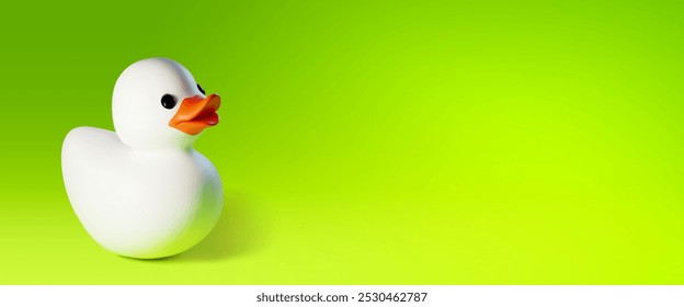 White rubber or plastic bath duck toy with orange squeak on green background with empty space for text. Realistic 3d vector illustration of funny duckling bird bathroom hygiene kid game accessory.