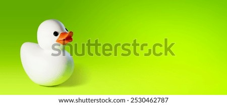 White rubber or plastic bath duck toy with orange squeak on green background with empty space for text. Realistic 3d vector illustration of funny duckling bird bathroom hygiene kid game accessory.
