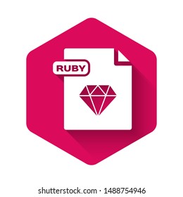 White RUBY file document. Download ruby button icon isolated with long shadow. RUBY file symbol. Pink hexagon button. Vector Illustration