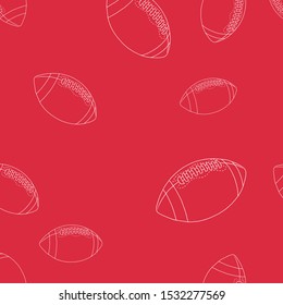White rugby balls on a red background, seamless pattern. 