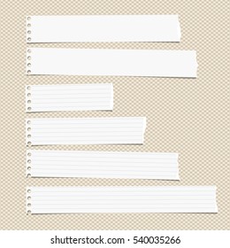 White ruled horizontal torn note, notebook, copybook paper sheets stuck on brown squared pattern