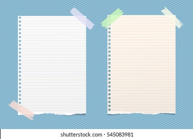 White Ruled Note, Notebook, Copybook Paper Sheets Stuck With Sticky Tape On Blue Squared Pattern