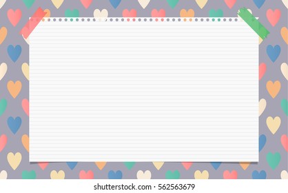 White ruled notebook, copybook, note paper stuck on pattern created of colorful heart shapes