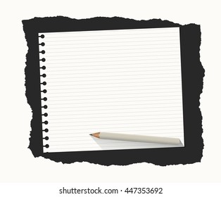 White ruled notebook paper sheet are on black ripped background with wooden pencil