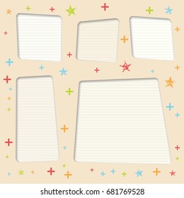 White ruled, striped copy paper, vector text boxes with colorful stars.