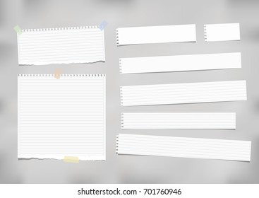 White ruled, striped note, copybook, notebook paper stuck with adhesive tape on grey background.