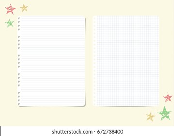 White ruled, striped, squared notebook, copybook paper sheets and stars on yellow background.
