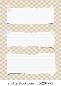 White Ruled Torn Note, Notebook, Copy Book Paper Sheets Stuck On Brown Squared Background