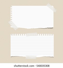 White ruled torn note, notebook, copybook paper sheets stuck with sticky tape on brown squared pattern