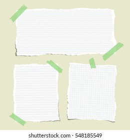 White ruled torn note, notebook, copybook paper sheets stuck with sticky tape