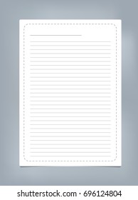 White ruled,striped note, copybook, notebook paper with dashed line frame.