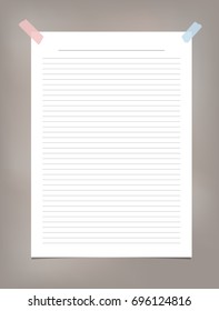 White ruled,striped note, copybook, notebook paper stuck on brown background.