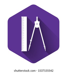 White Ruler and drawing compass icon isolated with long shadow. Drawing professional instrument. Geometric equipment. Education sign. Purple hexagon button. Vector Illustration