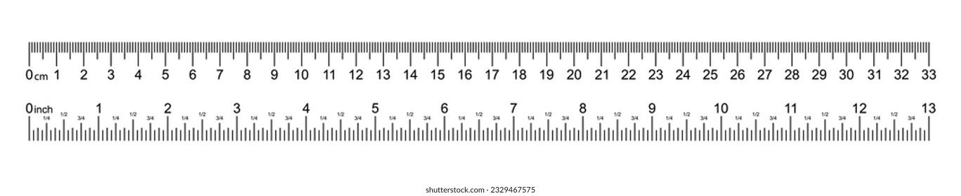 Regla blanca marcada con centímetros, pulgadas y formas rectangulares combinadas. Línea de la pulgada de salida. Gráficos vectoriales en un fondo blanco.