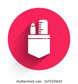 White ruler and pencil icon isolated with long shadow. Straightedge symbol. Drawing and educational tools. Red circle button. Vector Illustration