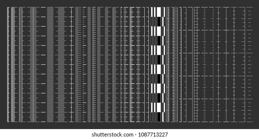 White ruler scales, size indicators, measurement charts, distance meters of centimeter and inch scale, big vector set for measure,  seamless rulers isolated on black, pattern brushes included