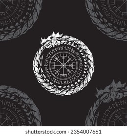 White runic Scandinavian symbol with dragon circle and Vegvisir sign for Scandinavian tattoo design isolated on black background