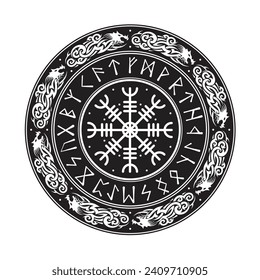 White runic Scandinavian symbol with dragon circle and Vegvisir sign for Scandinavian tattoo design isolated on white background