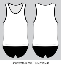 White Running Tank Top With Black Edging Design on Gray Background.Front and Back View.