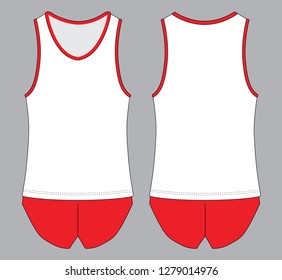 White Running Tank Top With Red Edging Design on Gray Background.Front and Back View.