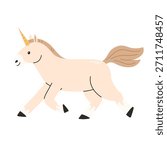 White running unicorn in cartoon flat style isolated on a white background. Vector illustration.