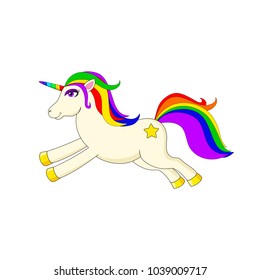 White running unicorn with multicolored mane and horn. Cute magic cartoon fantasy cute animal. Dream symbol. Illustration for children