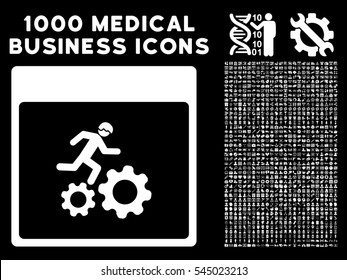White Running Worker Calendar Page vector icon with 1000 medical business pictograms. Set style is flat symbols, white color, black background.