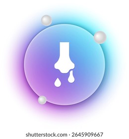Ícone branco do nariz escorrendo isolado no fundo branco. Sintomas de rinite, tratamento. Nariz e espirros. Doenças nasais. Fundo de círculo gradiente azul e roxo. Vetor