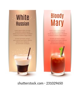 White russian and bloody mary cocktails vertical banner set isolated vector illustration