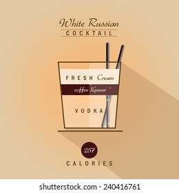 white russian cocktail drink recipe vector illustration in trendy retro flat design style