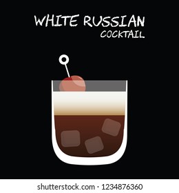 White Russian cocktail illustration vector with cherry garnish on square black background.