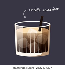 White Russian cocktail isolated on black background. Vector illustration of classical alcohol drink in short glass