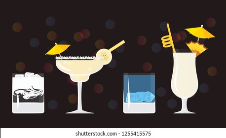 White Russian, Daiquiri , Blue lagoon  and Pina Colada on black mirrored background with bokeh. Vector illustration for web and print,  party invitation or menu decoration