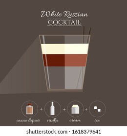 White russian elegant alcoholic cocktail recipe flat vector graphic grey background with shadow and  ingredients.