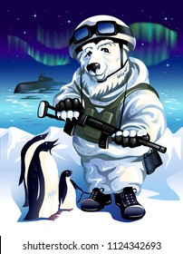 White Russian polar bear in the form of a soldier in the Arctic in the company of penguins on the background of the night starry sky and the Northern lights. Vector illustration.
