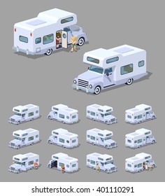 White RV camper. 3D lowpoly isometric vector illustration. The set of objects isolated against the grey background and shown from different sides