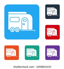 White Rv Camping trailer icon isolated on white background. Travel mobile home, caravan, home camper for travel. Set icons in color square buttons. Vector Illustration