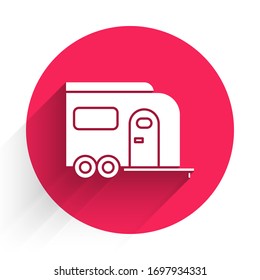 White Rv Camping trailer icon isolated with long shadow. Travel mobile home, caravan, home camper for travel. Red circle button. Vector Illustration